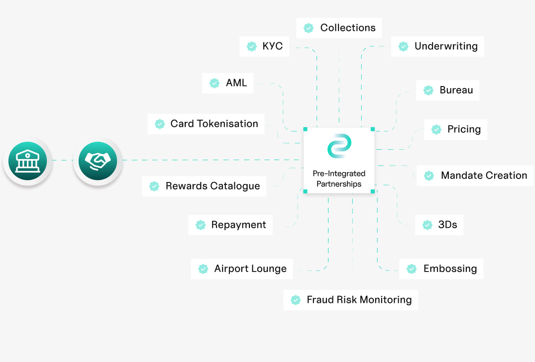 Pre-integrated partnerships: KYC, AML, bureau, underwriting, collections, tokenisation and more connect into Credit Pro